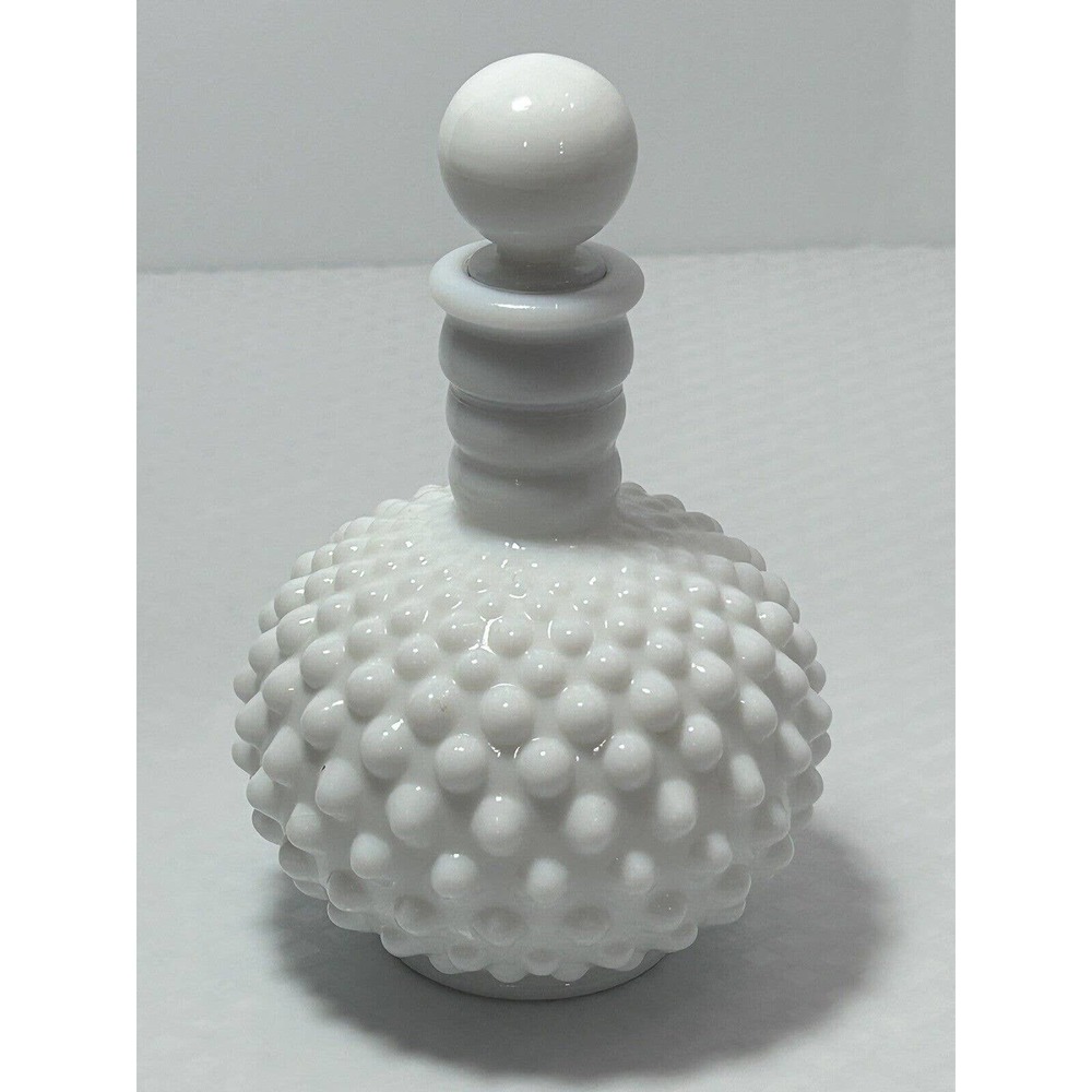 Vintage White Milk Glass Perfume Bottle with Stopper and Cork Hobnail‎ 6"